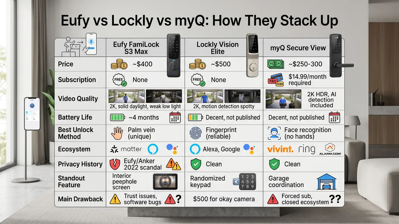 Eufy vs Lockly vs myQ Comparison Chart