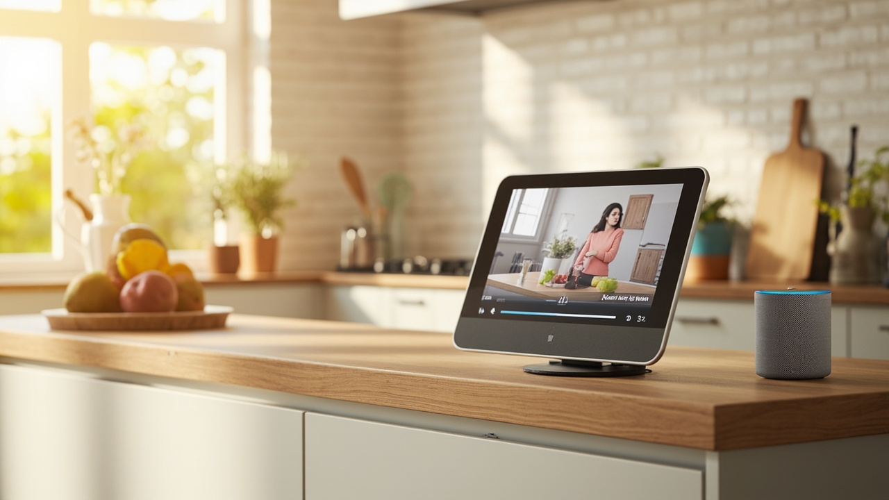 Smart display in a modern kitchen with recipe on screen Smart display in a modern kitchen with recipe on screen