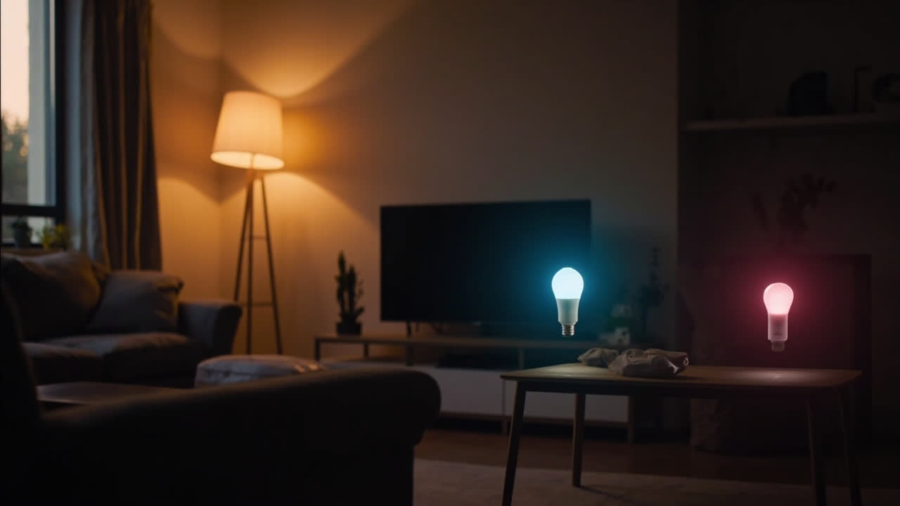Three different smart bulbs glowing in a cozy living room