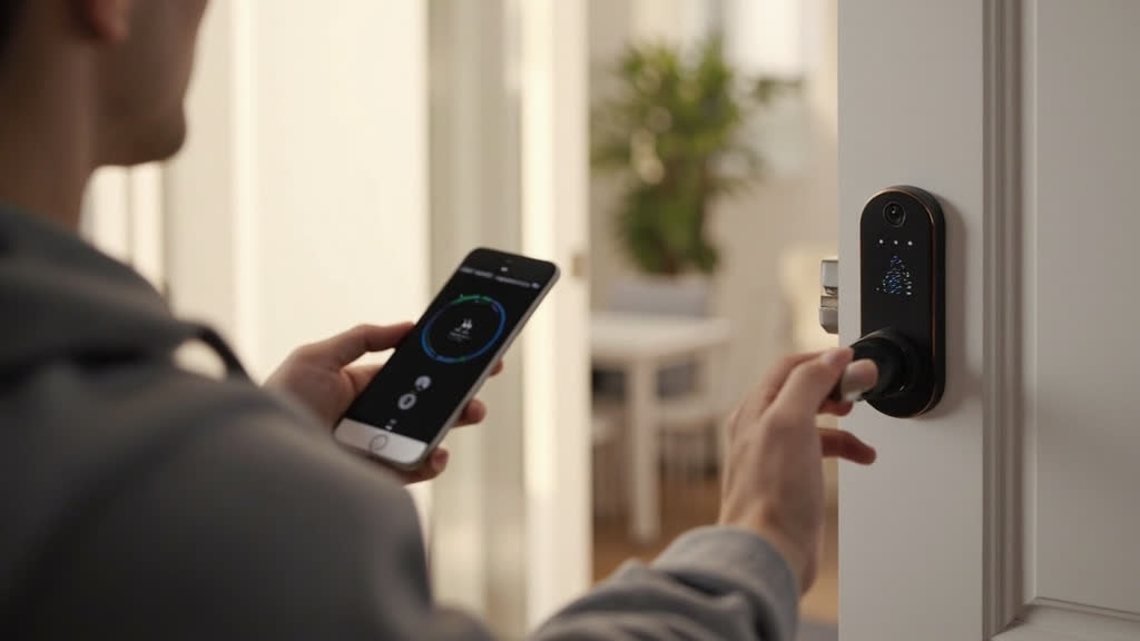 Person installing a modern fingerprint smart lock on a front door