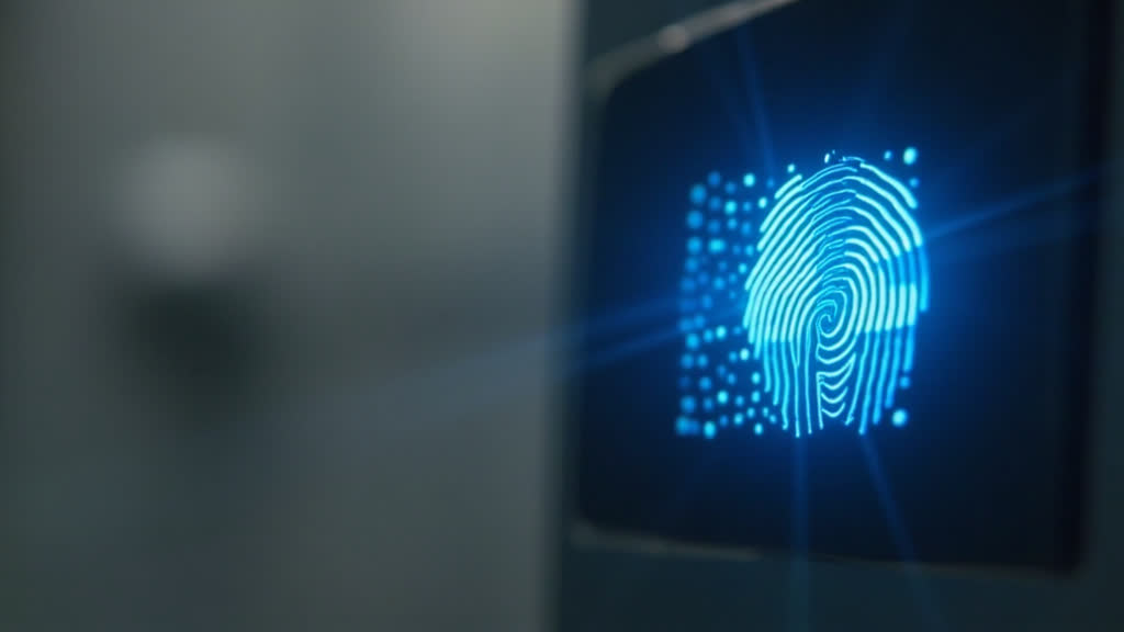 Close-up of fingerprint sensor on a smart door lock with blue LED glow