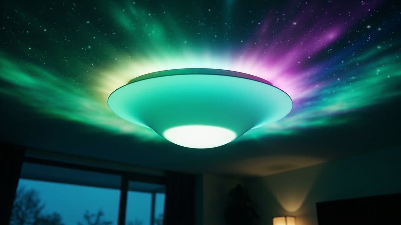 Govee Ceiling Light Ultra with colorful aurora borealis LED effects on ceiling