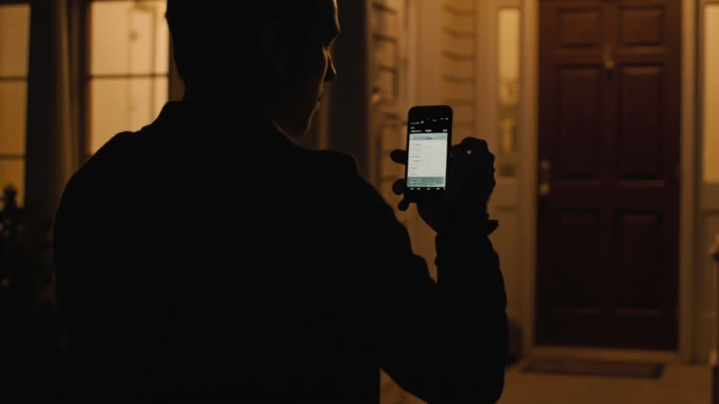 Person approaching front door with iPhone, smart lock auto-unlocking